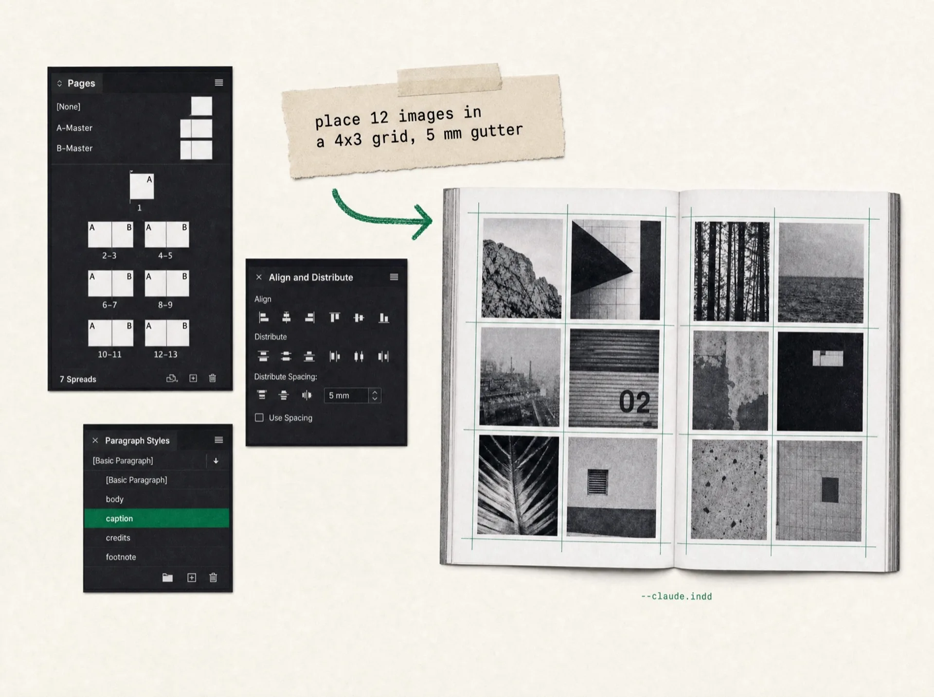 InDesign panels and a prompt for a 4x3 image grid, turned into a magazine spread